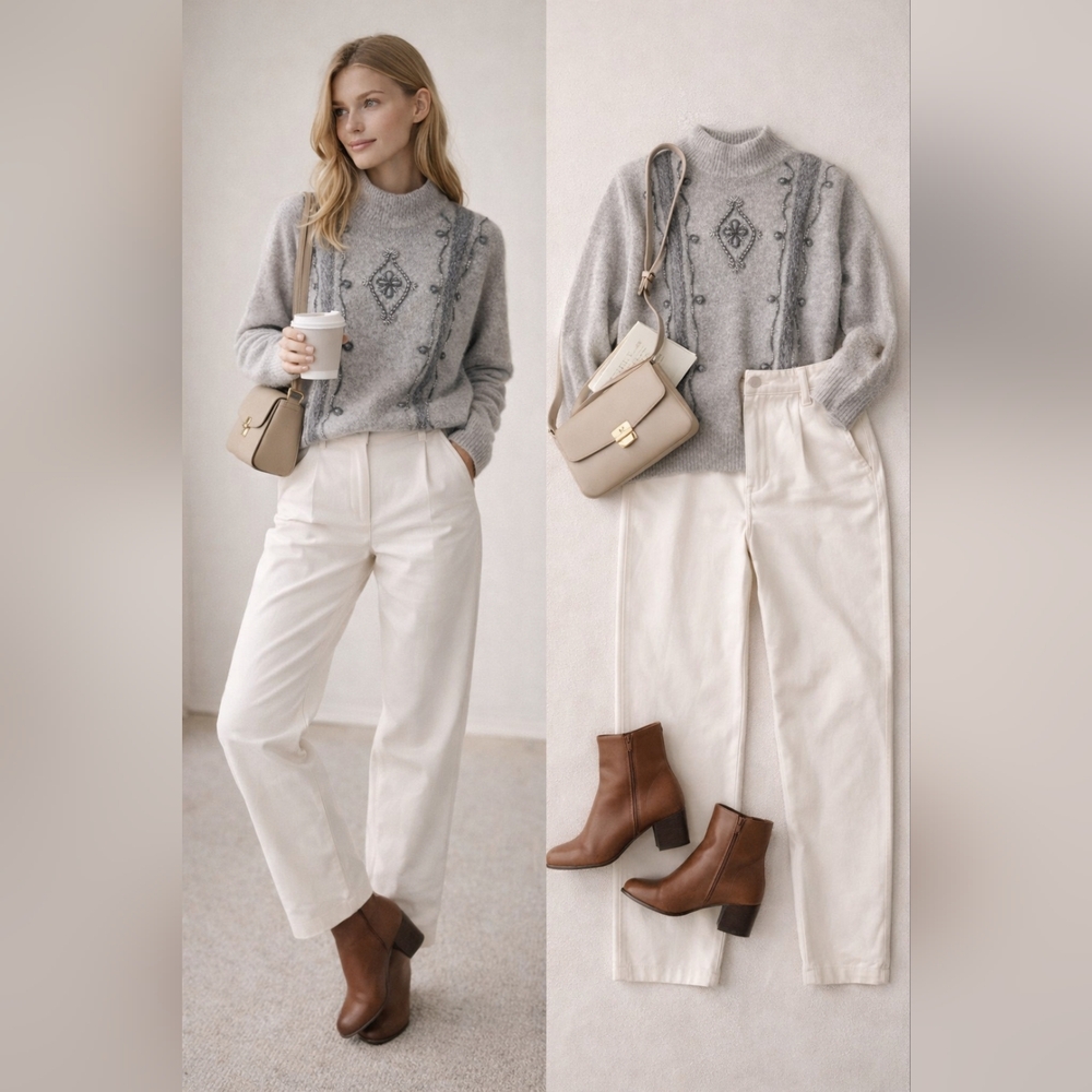 Vintage Santoria Silk Angora Lambswool Embellished Gray Knit Sweater Size L Cozy